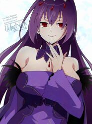 1girl bare_shoulders breasts cleavage detached_collar dress fate/grand_order fate_(series) feather_trim hair_between_eyes highres jewelry large_breasts long_hair long_sleeves looking_at_viewer pendant purple_dress purple_hair red_eyes scathach_(fate) scathach_skadi_(fate) smile solo tiara wagu_neru