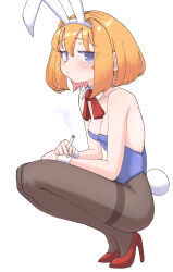 1girl alice_margatroid animal_ears blush bow bowtie breasts brown_pantyhose cigarette cleavage closed_mouth collar cookie_(touhou) detached_collar expressionless fake_animal_ears fake_tail full_body hair_intakes high_heels highres holding holding_cigarette leotard looking_at_viewer pantyhose playboy_bunny pyukasshori rabbit_ears rabbit_tail red_bow red_bowtie red_shoes shoes short_hair simple_background small_breasts smoking solo squatting strapless strapless_leotard tail taisa_(cookie) thighband_pantyhose touhou white_background white_collar wrist_cuffs