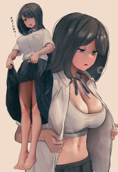 1girl absurdres barefoot black_eyes black_hair black_skirt bra breasts cleavage clothes_lift highres large_breasts lifting_own_clothes mejikara_scene multiple_views navel original pleated_skirt school_uniform skirt skirt_lift sports_bra translation_request underwear white_bra