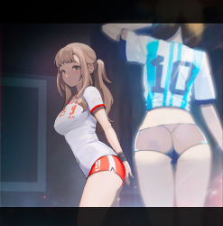 2022_fifa_world_cup 2girls argentina ass blonde_hair blurry blurry_background blurry_foreground breasts brown_eyes buruma depth_of_field gym_uniform large_breasts long_hair medium_breasts multiple_girls non-web_source poland shirt soccer soccer_uniform sportswear white_shirt world_cup yugen99
