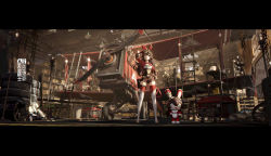 1girl absurdres aircraft airplane amber_(genshin_impact) arm_up artist_name baron_bunny_(genshin_impact) bilingual_text biplane boots breasts brown_corset brown_eyes brown_hair brown_shorts chain chinese_commentary chinese_text closed_mouth commentary_request corset crate cropped_jacket english_text full_body generator genshin_impact gloves goggles goggles_on_head hair_between_eyes hair_ribbon hand_on_own_hip highres indoors jacket ladder letterboxed long_hair long_sleeves looking_ahead mixed-language_text pouch qi==qi red_jacket red_ribbon red_thighhighs ribbon scenery shelf short_shorts shorts sidelocks small_breasts solo standing thigh_boots thigh_pouch thighhighs thighhighs_under_boots unused_tire wheel white_boots