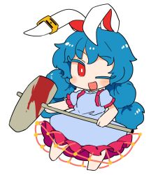 1girl ambiguous_red_liquid animal_ears blue_dress blue_hair blush dress earclip frilled_dress frilled_sleeves frills full_body ini_(inunabe00) kine long_hair looking_at_viewer mallet one_eye_closed open_mouth rabbit_ears red_eyes seiran_(touhou) short_sleeves simple_background smile solo touhou white_background
