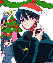 3boys 3girls abcd888888889 alien_stage bad_id bad_twitter_id baseball_cap black_eyes black_hair black_hoodie black_shirt blue_hat blue_sweater christmas christmas_tree closed_mouth cup decorating_christmas_tree disposable_cup fang fang_out garland_(decoration) green_eyes hat highres holding holding_cup hood hoodie hyuna_(alien_stage) ivan_(alien_stage) long_sleeves luka_(alien_stage) male_focus mizi_(alien_stage) multiple_boys multiple_girls name_tag paperclip red_pupils santa_hat shirt solo_focus sua_(alien_stage) sweater till_(alien_stage) turtleneck turtleneck_shirt