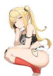 1girl absurdres bare_shoulders black_camisole black_gloves blonde_hair bright_pupils camisole closed_mouth commentary_request from_side full_body fur-trimmed_shorts fur_trim gloves highres kneehighs long_hair looking_at_viewer looking_to_the_side luciana_de_montefio red_eyes red_socks shorts simple_background socks solo squatting stirrup_legwear strap_slip thighs toeless_legwear wan_ban white_background white_pupils zenless_zone_zero