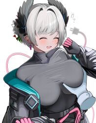 Rule 34 | 1girl, 1other, :d, ^ ^, absurdres, arknights, black gloves, blush, breasts, cable, cable tail, closed eyes, commentary, covered collarbone, disembodied hand, flying sweatdrops, gloves, grabbing another&#039;s breast, grey hair, grey jacket, grey shirt, groping, hair intakes, hand up, highres, jacket, large breasts, mechanical tail, off shoulder, open clothes, open jacket, open mouth, raidian (arknights), shirt, simple background, smile, spam (spamham4506), tail, white background