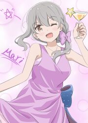 1girl bare_shoulders breasts character_name cup dress drinking_glass english_text feet_out_of_frame female_focus glass grey_eyes grey_hair hair_between_eyes highres holding jewelry koisuru_asteroid looking_at_viewer medium_breasts mole mole_under_eye morino_mari necklace one_eye_closed open_mouth qb_(qb46311027) solo standing star_(symbol) wine_glass