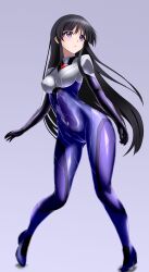 1girl absurdres black_hair bodysuit breasts cosplay covered_navel cyborg-institute full_body gradient_background grey_background highres hime_cut impossible_bodysuit impossible_clothes jinki long_hair looking_to_the_side medium_breasts purple_bodysuit purple_eyes science_fiction shiny_clothes skin_tight solo standing tsuzaki_aoba very_long_hair