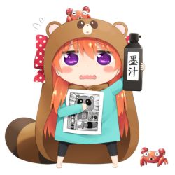 1girl animal_costume blush bottle bow company_connection doga_kobo flying_sweatdrops gekkan_shoujo_nozaki-kun gen_1_pokemon goribote himouto!_umaru-chan inkwell manga_(object) nintendo paper paras parody pokemon pokemon_(creature) polka_dot polka_dot_bow purple_eyes raccoon red_hair sakura_chiyo style_parody tanuki wavy_mouth