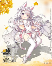 &gt;:d +_+ 1girl :d animal_ears blush bouquet bow breasts character_name copyright_name dress fang female_focus flower footwear_bow full_body garter_straps ginkgo_leaf ginkgo_tree girls&#039;_frontline gloves high_heels highres holding holding_bouquet korean_text leaf lily_(flower) long_hair looking_at_viewer medium_breasts official_alternate_costume official_art open_mouth p7_(girls&#039;_frontline) p7_(pinky_swear)_(girls&#039;_frontline) purple_eyes saru shadow shoes silver_hair silver_shoes smile solo swept_bangs symbol-shaped_pupils tail thick_eyebrows thighhighs v-shaped_eyebrows veil white_bow white_dress white_flower white_gloves white_thighhighs
