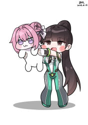 Rule 34 | 1girl, absurdres, blush stickers, bodysuit, bow, breasts, brown eyes, brown hair, chinese commentary, commentary request, creature, dated, deformed, doro (nikke), eve (stellar blade), facing viewer, fingerless gloves, full body, gloves, goddess of victory: nikke, green bodysuit, hair bow, hair bun, high ponytail, highres, holding, holding creature, jfzm001, long hair, looking at another, looking at viewer, medium breasts, open mouth, partial commentary, pink hair, ponytail, purple bow, purple eyes, shadow, signature, single hair bun, smile, standing, stellar blade, very long hair, white background, white gloves