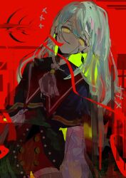 1girl ascot bang_dream! bang_dream!_it&#039;s_mygo!!!!! bird black_capelet capelet commentary cracked_skin empty_eyes goose goose_g green_brooch green_hair hashtag-only_commentary highres long_hair looking_at_viewer mortis_(bang_dream!) mortis_(costume)_(bang_dream!) parted_lips red_background red_shorts shorts solo wakaba_mutsumi white_ascot yellow_eyes