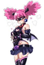 1girl black_gloves black_leotard black_mask black_sleeves black_thighhighs blue_skirt blush bow bowtie breasts clothing_cutout commentary_request detached_sleeves earrings ekida_sukinoko5545 eye_mask gloves haneyama_kazuho heart heart_cutout highres jewelry leotard miniskirt pink_eyes pink_hair red_bow red_bowtie skirt small_breasts solo sphere_earrings thighhighs twintails vigilante_-boku_no_hero_academia:_illegals-
