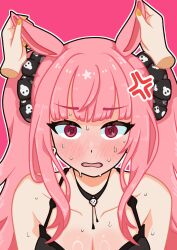1girl absurdres animal_ears blush flustered hand_on_another&#039;s_ear highres hololive hololive_english horse_ears horse_girl horse_tail kemonomimi_mode long_hair mori_calliope nano_(fushide) open_mouth pink_eyes pink_hair simple_background solo tail umamusume virtual_youtuber
