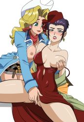 Rule 34 | 2girls, blonde hair, cowboy bebop, faye valentine, fingering, grabbing another&#039;s breast, groping, hat, highres, judy (cowboy bebop), multiple girls, nipples, purple hair, tagme, white background, yuri