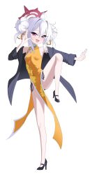 Rule 34 | 1girl, 82jhin, absurdres, ahoge, alternate costume, alternate hairstyle, black jacket, black shoes, blue archive, blush, china dress, chinese clothes, double bun, dress, fang, fighting stance, hair between eyes, hair bun, halo, high heels, highres, jacket, long hair, looking at viewer, mutsuki (blue archive), open mouth, purple eyes, red halo, shoes, sleeveless, sleeveless dress, solo, white hair, yellow dress