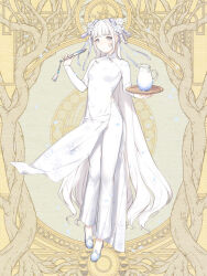 1girl ao_dai blue_shoes braid braided_hair_rings breasts closed_mouth cone_hair_bun dairoku_ryouhei double_bun dress drink facial_tattoo flower folded_fan folding_fan grey_eyes hair_bun hair_flower hair_ornament hair_ribbon hair_rings hand_fan high_heels holding holding_fan holding_tray jug_(bottle) long_hair long_sleeves looking_at_viewer pants pumps purple_ribbon ribbon shichimi shoes side_slit sidelocks small_breasts smile snowflake_print solo standing tassel tattoo tray very_long_hair white_dress white_hair white_pants wispy_bangs yellow_background