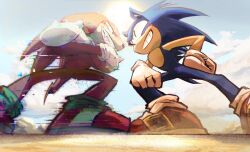2boys animal_ears animal_nose cloud commentary crossed_arms day english_commentary eye_contact from_below furry furry_male glitch gloves green_eyes grin highres knuckles_the_echidna looking_at_another male_focus multiple_boys outdoors purple_eyes rat_riot red_footwear shoes smile sonic_(series) sonic_frontiers sonic_the_hedgehog standing sun tail white_gloves
