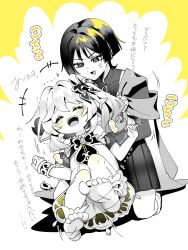 +++ 1boy 1girl absurdres anger_vein armlet behind_another bloomers blunt_ends blush bracelet bridal_gauntlets cape closed_eyes covered_collarbone curled_fingers detached_sleeves dress furisode furrowed_brow genshin_impact greyscale hair_ornament hakama hakama_shorts hands_in_another&#039;s_armpits heart heart_hair_ornament highres japanese_clothes jewelry kimono kneeling laughing leaf leaf_hair_ornament long_hair looking_at_another mandarin_collar monochrome nahida_(genshin_impact) oishii_sasa open_mouth pleated_shorts pointy_ears ringed_eyes scaramouche_(genshin_impact) short_sleeves shorts shoulder_peek side_ponytail sidelocks socks spot_color stirrup_footwear tearing_up tears teeth tickling toenails toes tongue trembling tsurime twitching underwear upper_teeth_only vision_(genshin_impact) wanderer_(genshin_impact) wispy_bangs