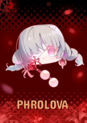 :&lt; absurdres ball_hands bandage_over_one_eye braid character_name closed_mouth commentary_request earrings flower grey_hair highres holding holding_flower jewelry long_hair looking_at_viewer no_humans phrolova_(wuthering_waves) pink_eyes red_background remnant_cube_(wuthering_waves) shigureszku spider_lily twin_braids wuthering_waves