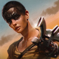 Rule 34 | 1girl, blurry, depth of field, female focus, gradient background, ilya kuvshinov, imperator furiosa, looking at viewer, mad max, mad max: fury road, realistic, short hair, solo, upper body