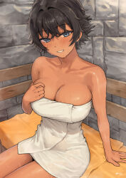 black_hair blue_eyes breasts cleavage dark-skinned_female dark_skin female_focus gaki_kyonyuu kaedeko_(kaedelic) large_breasts mature_female naked_towel sasaki_kei short_hair solo sweat towel towel_around_waist