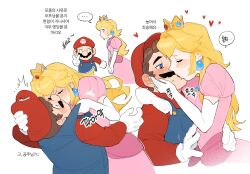 1boy 1girl blonde_hair blush brown_hair couple crown dress elbow_gloves facial_hair gloves hat heart highres kiss korean_text long_hair long_sleeves mario mario_(series) mustache nintendo overalls princess_peach short_hair ssuregigame v white_background