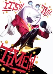 Rule 34 | 1boy, absurdres, ant tenna, black pants, deltarune, english text, facing viewer, fangs, from below, gloves, highres, holding, holding microphone, jacket, jqbuni, long nose, male focus, microphone, necktie, no eyes, object head, open mouth, pants, pointing, pointing at viewer, pointy nose, red jacket, solo, television, two-tone background, white background, white gloves, yellow necktie