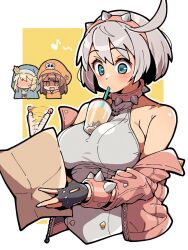 bare_shoulders black_gloves blue_eyes blush border breasts bridget_(guilty_gear) bubble_tea_challenge collar elphelt_valentine fingerless_gloves gloves grey_hair guilty_gear guilty_gear_strive hairband highres holding holding_pen itsuka_neru jacket large_breasts may_(guilty_gear) multiple_girls off_shoulder pen pink_collar pink_hairband pink_jacket short_hair sideboob simple_background solo_focus spiked_collar spiked_hairband spikes upper_body white_border writing yellow_background