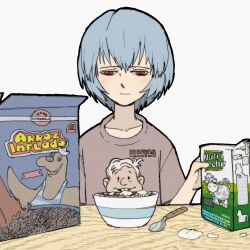 1girl ayanami_rei blue_hair bowl brown_hair cereal highres light_frown looking_down milk milk_carton neon_genesis_evangelion pantsu-ripper red_eyes shirt short_hair solo spoon t-shirt table upper_body
