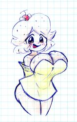 Rule 34 | 1girl, ass, breasts, brown eyes, cherry, cleavage, colored skin, detached sleeves, dress, food, food on head, freckles, fruit, fruit on head, grid background, highres, huge breasts, large breasts, looking at viewer, merei (thatartistann), object on head, open mouth, original, scan, scan artifacts, short hair, solo, thatartistann, thick thighs, thighs, traditional media, white hair, white skin, yellow dress