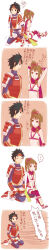 armor comic crop_top headband japanese_clothes japanese_text kunoichi_(sengoku_musou) sanada_yukimura_(sengoku_musou) scarf sengoku_musou shorts side-by-side sitting