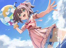 1girl :d ahoge ball beachball bloom blue_sky blush bow brown_hair cloud day detached_sleeves dress dutch_angle frills hair_between_eyes hair_bow holding holding_ball holding_beachball hololive holonatsu_paradise looking_at_viewer natsuiro_matsuri natsuiro_matsuri_(holonatsu_paradise) open_mouth outdoors outstretched_arm pink_bow pink_dress puffy_short_sleeves puffy_sleeves sailor_collar scrunchie short_sleeves sky smile solo teeth tokumaro twintails upper_teeth_only virtual_youtuber wading water wrist_scrunchie yellow_scrunchie