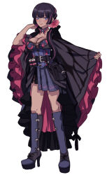 1girl bad_link belt belt_pouch black_boots black_hair boots breasts butterfly_choker choker cleavage dark-skinned_female dark_skin dress full_body game_freak gen_7_pokemon hand_up high_heel_boots high_heels highres medium_breasts moe_(hamhamham) multicolored_hair nail_polish nintendo personification pink_hair pink_nails pokemon pouch salazzle simple_background smile solo standing streaked_hair white_background wide_sleeves