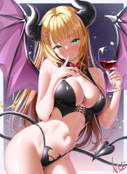 1girl alcohol black_horns black_panties black_tail blonde_hair blush border breasts closed_mouth commentary commission cowboy_shot crop_top cup demon_girl demon_horns demon_tail demon_wings drinking_glass finger_to_mouth gradient_background green_eyes hair_ornament hairclip hands_up highleg highleg_panties highres holding holding_cup horns index_finger_raised kogarashi_tobi large_breasts leaning_to_the_side long_hair looking_at_viewer navel original outside_border panties red_wine signature skeb_commission smile solo standing tail underwear very_long_hair white_border wine wine_glass wings x_hair_ornament