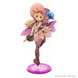 1girl blonde_hair boots breasts cape commentary copyright_notice dress full_body gloves hat highres holding holding_wand kink_(tortoiseshell) knees little_witch_nobeta long_hair nobeta nobeta_(witch_skin) official_art open_mouth panties purple_cape shoes simple_background small_breasts solo striped_clothes striped_dress thighhighs thighs underwear vertical-striped_clothes vertical-striped_dress very_long_hair wand white_background white_gloves witch witch_hat