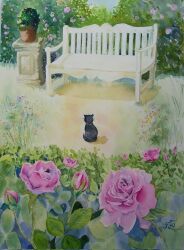 Rule 34 | bench, cat, flower, highres, monsisiro411823, no humans, original, outdoors, park, path, pink flower, pink rose, plant, potted plant, road, rose, rose bush