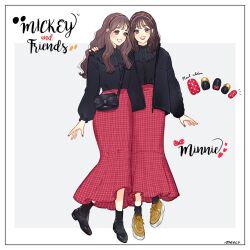 2girls bag brown_eyes brown_hair character_name copyright_name frills hairband happy humanization long_hair looking_at_viewer meecosme mickey_mouse_&amp;_friends minnie_mouse multiple_girls nail_polish red_skirt shirt shoes skirt smile socks wavy_hair