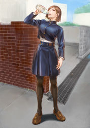1girl azasuke bottle breasts brick_wall brown_eyes brown_hair commentary_request drinking full_body highres holding holding_bottle jujutsu_kaisen kugisaki_nobara large_breasts loafers long_sleeves looking_at_viewer open_mouth outdoors pantyhose school_uniform shoes short_hair skirt solo standing teeth tongue water_bottle