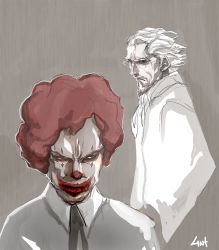 2boys afro beard black_eyes black_necktie closed_mouth colonel_sanders facial_hair glasses kfc lin+ male_focus mcdonald&#039;s multiple_boys necktie red_hair red_lips rimless_eyewear ronald_mcdonald signature sketch upper_body white_hair