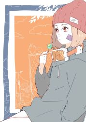 1girl brown_eyes brown_hair candy cat food goggles hat hood hoodie lollipop long_sleeves meitarou naruto_(series) naruto_shippuuden nohara_rin short_hair sitting