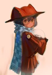 1other :&lt; absurdres androgynous animal_hat belt blue_hair blue_scarf brown_belt brown_capelet brown_coat brown_eyes brown_hat buttons capelet cat_hat checkered_clothes checkered_scarf child closed_mouth coat colored_sclera commentary cowboy_shot from_side hair_between_eyes hashtag-only_commentary hat highres holding_bulb light_bulb long_sleeves looking_at_viewer making-of_available medium_hair niko_(oneshot) oneshot_(game) orange_background other_focus patch scarf shadches72 solo yellow_sclera