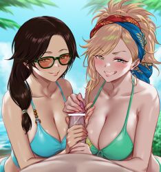 Rule 34 | 1boy, 2girls, alma (monster hunter wilds), bar censor, beach, bikini, blonde hair, blue bikini, blue sky, breasts, brown hair, censored, cleavage, cooperative handjob, day, erection, ffm threesome, gemma (monster hunter wilds), glansjob, green bikini, grin, group sex, handjob, hetero, highres, large breasts, looking at viewer, monster hunter (series), monster hunter wilds, multiple girls, ocean, outdoors, penis, pov, sky, smile, swimsuit, taka-michi, teamwork (sexual), threesome, tinted eyewear, two-handed handjob