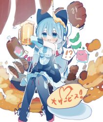!? &gt;_&lt; 1girl 39_music_(vocaloid) alcohol bare_shoulders beer_mug black_boots black_bow black_dress blue_eyes blue_hair blue_necktie blush boned_meat boots bow cable character_name creature cube cup dress foam food food_writing gloves hair_bow hatsune_miku headphones heart highres hikimayu holding holding_cup ketchup knee_boots knees_together_feet_apart lantern looking_at_viewer lyrics magical_mirai_(vocaloid) magical_mirai_miku magical_mirai_miku_(2016) meat mug necktie omelet omurice open_mouth outstretched_arms paper_lantern shirt short_necktie sleeveless sleeveless_dress smile solo speech_bubble spoken_interrobang syare_0603 translated vocaloid white_background white_gloves white_shirt