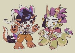 2boys animal_hands apple black_eyes black_hair black_necktie blue_hair brown_eyes claw_pose claws collared_shirt commentary_request dragon dragon_boy dragon_horns dragon_tail fang fewer_digits fingernails florian_(pokemon) food fruit full_body green_scales grey_jacket grey_stripe hair_tie hair_tied hairband horns hydrapple jacket kemonomimi_mode kieran_(pokemon) koraidon looking_at_another loose_hair_strand lunchbox_(artist) male_focus mole mole_on_neck multicolored_eyes multicolored_hair multicolored_jacket multicolored_scales multiple_boys multiple_tails necktie nintendo open_mouth orange_pants pants pawpads pointy_ears pokemon pokemon_(creature) pokemon_sv red_jacket red_scales red_shirt red_stripes red_tank_top scales sharp_fingernails sharp_toenails shirt short_hair shorts simple_background skin_fang smile standing streaked_hair tail tank_top toenails tongue tongue_out two-tone_eyes two-tone_hair two_tails webbed_feet webbed_hands white_background white_jacket white_scales white_shirt white_shorts yellow_eyes yellow_hairband