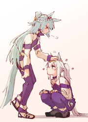 2girls alonemistrist animal_ears arm_at_side black_shoes blue_eyes blue_hair braid closed_mouth collared_jacket commentary diamond_hair_ornament flower_symbol from_side fujimasa_march_(umamusume) grey_hair hair_between_eyes half_up_half_down_braid hand_on_another&#039;s_head hands_on_own_knees headpat highres horse_ears horse_girl horse_tail invisible_floor jacket kasamatsu_tracen_training_uniform leaning_forward light_blush light_frown long_hair long_sleeves looking_at_another looking_down looking_up motion_lines multicolored_jacket multiple_girls oguri_cap_(umamusume) pants ponytail puff_of_air purple_jacket red_ribbon ribbon ribbon_hair shadow shoes sidelocks simple_background sketch squatting standing standing_on_one_leg symbol-only_commentary tail track_jacket track_pants two-tone_jacket two-tone_ribbon umamusume umamusume:_cinderella_gray very_long_hair white_background white_jacket white_ribbon white_shoes yellow_eyes