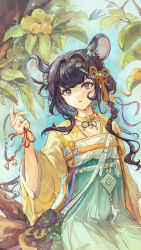 1girl absurdres animal_ears arknights black_eyes black_hair commentary cowboy_shot green_skirt hair_intakes hair_ornament hair_ribbon high-waist_skirt highres holding karenncat leaf light_particles long_hair lutonada_(arknights) lutonada_(sending_thoughts)_(arknights) mouse_ears mouse_girl official_alternate_costume orange_ribbon parted_lips plant pleated_skirt ribbon shirt sitting skirt solo symbol-only_commentary yellow_collar yellow_shirt