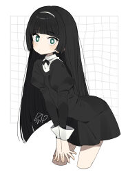 1girl black_dress black_hair bright_pupils cropped_legs dress expressionless flat_chest green_eyes hairband highres hime_cut juliet_sleeves leaning_forward long_hair long_sleeves looking_at_viewer moyori original puffy_sleeves solo white_pupils