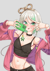 1girl absurdres cecilia_immergreen cellphone cosplay crop_top doll_joints green_eyes grey_background grey_hair highres hololive hololive_english jacket joints midriff navel nyang-kaz phone pink_jacket roboco-san roboco-san_(cosplay) roboco-san_(workoutwear) smartphone tongue tongue_out v v_over_eye virtual_youtuber winding_key