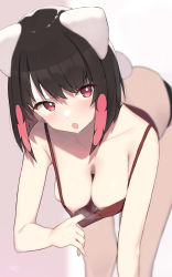 1girl absurdres animal_ears black_hair blush breasts cloba collarbone commentary_request downblouse fang hanging_breasts highres looking_at_viewer medium_breasts multicolored_hair nipples no_bra open_mouth original player_2_(cloba) red_eyes red_hair skin_fang solo sweat tail two-tone_hair