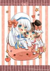 Rule 34 | 2girls, :3, apple, arch bishop (ragnarok online), back bow, black hat, black shoes, blue dress, blue eyes, blush, bow, brown hair, chibi, chibi only, chinese commentary, commentary request, cross, dress, fishnet thighhighs, fishnets, food, fruit, full body, hat, hat bow, heart, highres, juliet sleeves, long hair, long sleeves, looking at viewer, multiple girls, nanami (s881201guy), open mouth, pink background, pink bow, poring, puffy sleeves, ragnarok online, red dress, red eyes, shoes, short hair, sitting, slime (creature), thighhighs, top hat, two-tone dress, white bow, white dress, white hair, white hat, white thighhighs